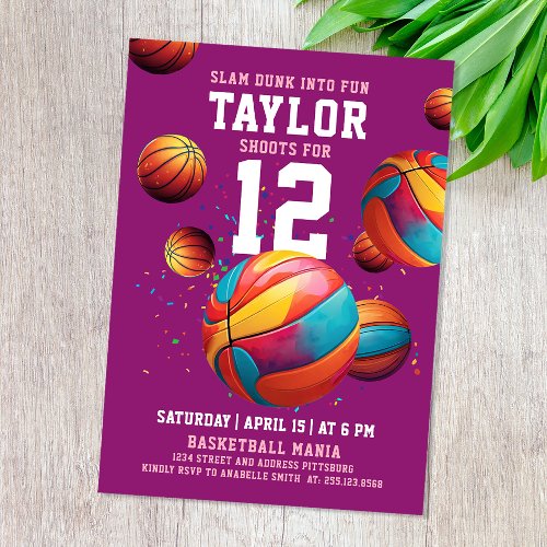 Fun Sport Cool Girl Purple Basketball Birthday  Invitation