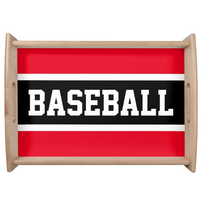 Fun Sporty Black Bright Red Stripes BASEBALL Text Serving Tray (Front)