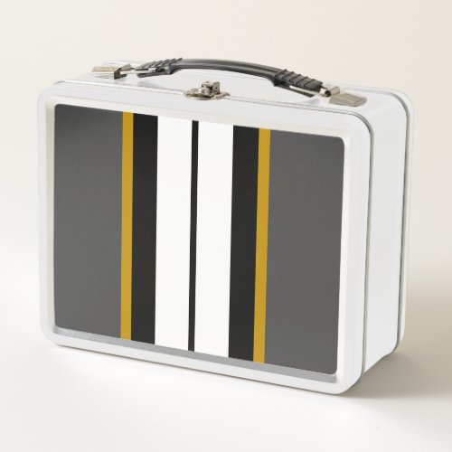 Fun Sporty Bold Gray Black White Racing Stripes Metal Lunch Box