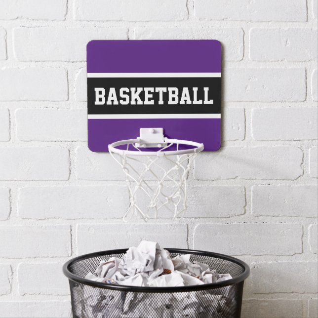 Fun Sporty Bold Purple Black BASKETBALL Stripes Mini Basketball Hoop (In Situ)