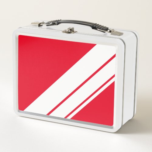Fun Sporty Bright Red Wide White Diagonal Stripes Metal Lunch Box