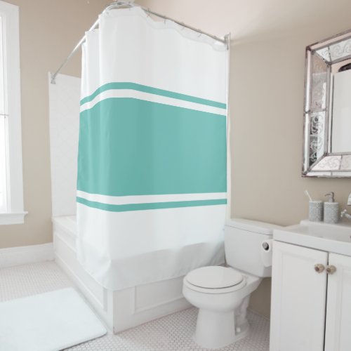 Fun Sporty Classy Light Teal White Racing Stripes Shower Curtain