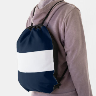 Fun Sporty Nautical Navy Blue White Wide Stripes Drawstring Bag