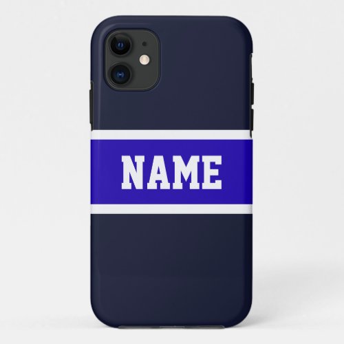 Fun Sporty Navy Royal Blue White Stripes Bold Text iPhone 11 Case