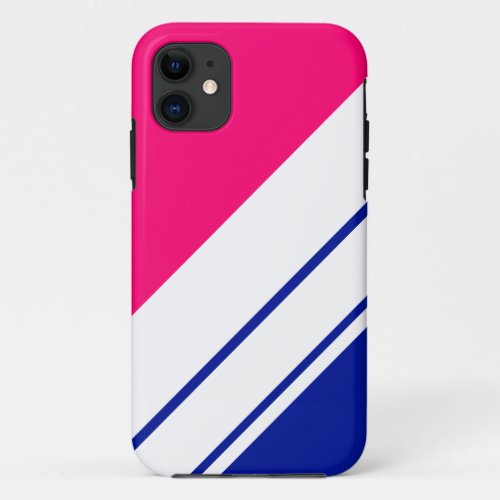 Fun Sporty Pink Royal Blue Diagonal White Stripes  iPhone 11 Case