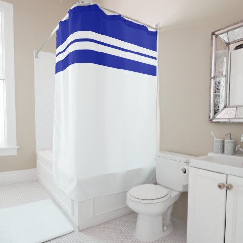 Fun Sporty Royal Blue Top Racing Stripes On White Shower Curtain