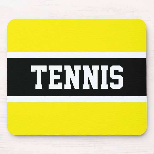 Fun Sporty TENNIS Text Bright Yellow Black Stripes Mouse Pad (Front)