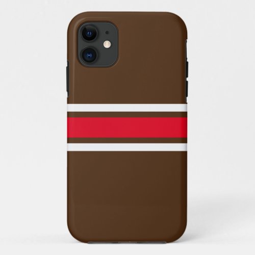 Fun Sporty White Red Racing Stripes On Bold Brown iPhone 11 Case