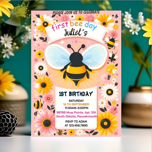 fun spring daisy Yellow first 1st bee day birthday Invitation