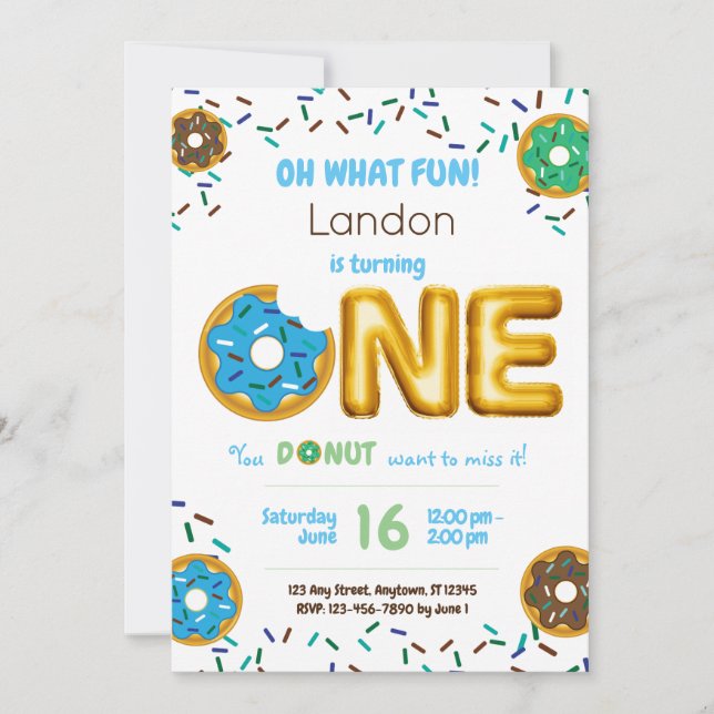 Fun Sprinkles Donut Doughnut Boy 1st Birthday Invitation (Front)