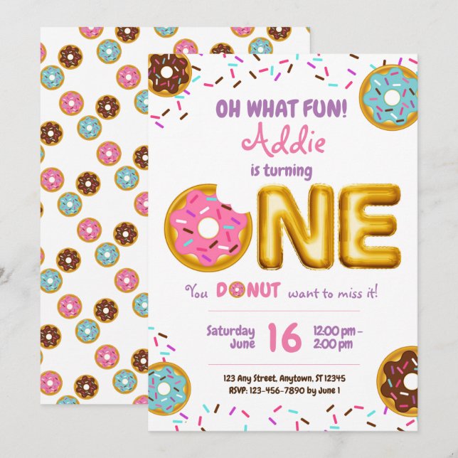 Fun Sprinkles Donut Doughnut Girl 1st Birthday Invitation (Front/Back)
