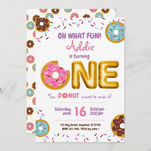 Fun Sprinkles Donut Doughnut Girl 1st Birthday Invitation