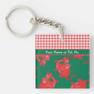 Fun Square Keyring to Personalize: Cute Red Dragon