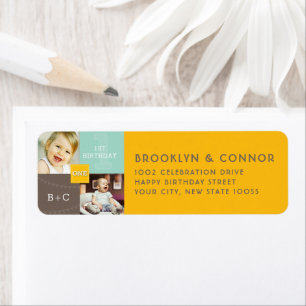 Fun Square Sketch ONE Twins Photo Birthday Party Label