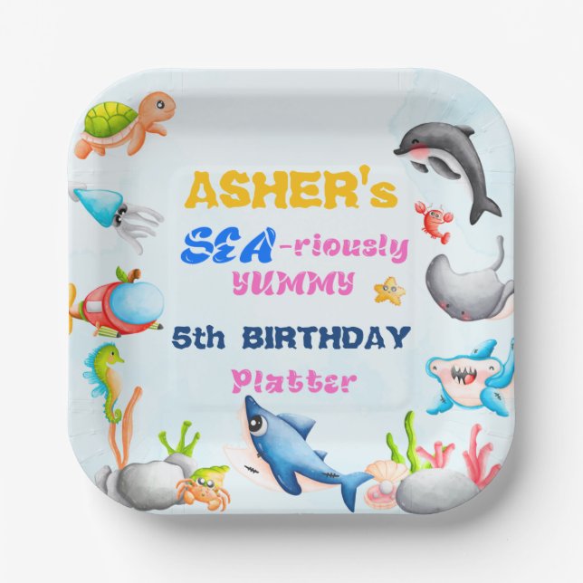 Fun Square Under-the-Sea Ocean Protector Birthday Paper Plates (Front)