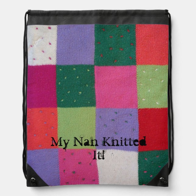 fun squares of colorful knitted patchwork  drawstring bag (Front)