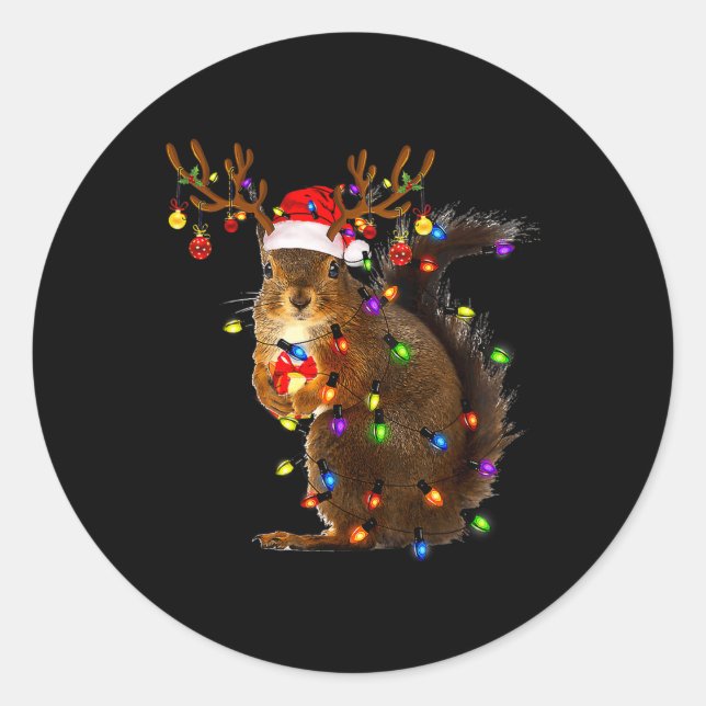 Fun Squirrel Christmas Tree Lights Reindeer Santa  Classic Round Sticker (Front)