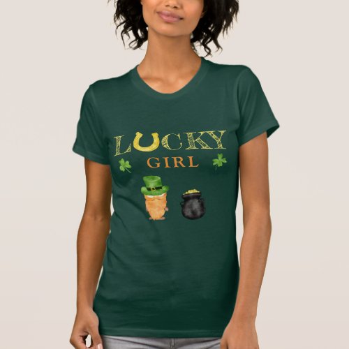 Fun St Patrick watercolor lucky girl illustrations T_Shirt