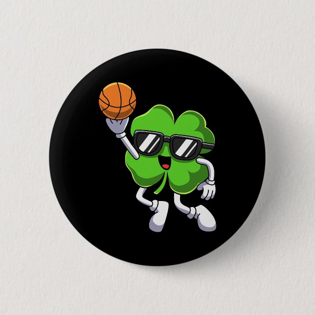 Fun St Patricks Day Shamrock Playing Basketball Bo Button (Front)