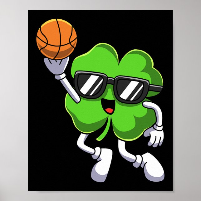 Fun St Patricks Day Shamrock Playing Basketball Bo Poster (Front)