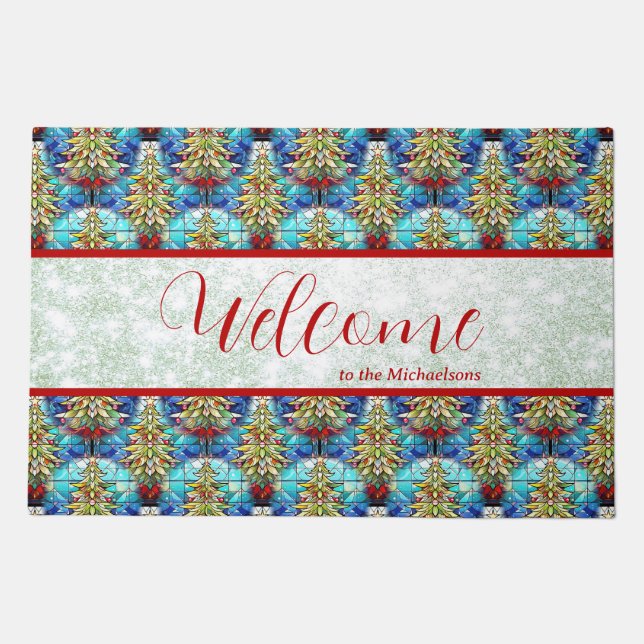 Fun Stained Glass Christmas Tree Bauble Pattern Doormat (Front)