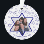 Fun Star of David Happy Hanukkah Photo Ornament<br><div class="desc">This ornament is both beautiful and fun. It features a whimsical design with a Star of David photo frame where you can upload a picture, with a white background scattered with blue stars of David resembling snowflakes. The caption reads Happy Hanukkah. The back has space for a short message and...</div>