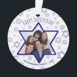 Fun Star of David Happy Hanukkah Photo Ornament<br><div class="desc">This ornament is both beautiful and fun. It features a whimsical design with a Star of David photo frame where you can upload a picture, with a white background scattered with blue stars of David resembling snowflakes. The caption reads Happy Hanukkah. The back has space for a short message and...</div>