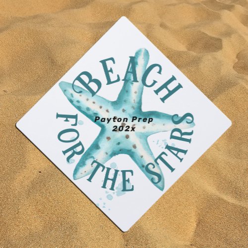 Fun Starfish Beach for the Stars Aqua White Cute Graduation Cap Topper