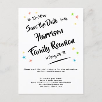 Fun Stars Family Reunion Or Party Save The Date Announcement Postcard by CrazyCathiCreations at Zazzle