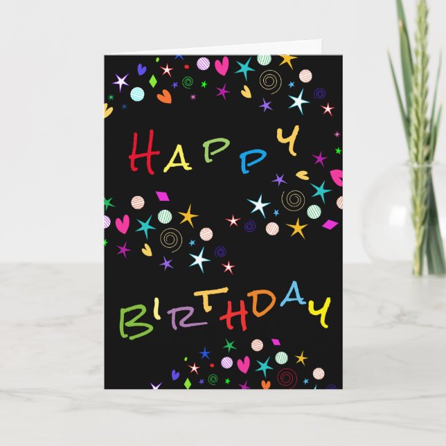Fun Stars n Hearts on Black Birthday Greeting Card (Front)