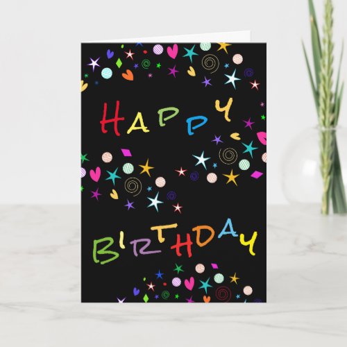 Fun Stars n Hearts on Black Birthday Greeting Card