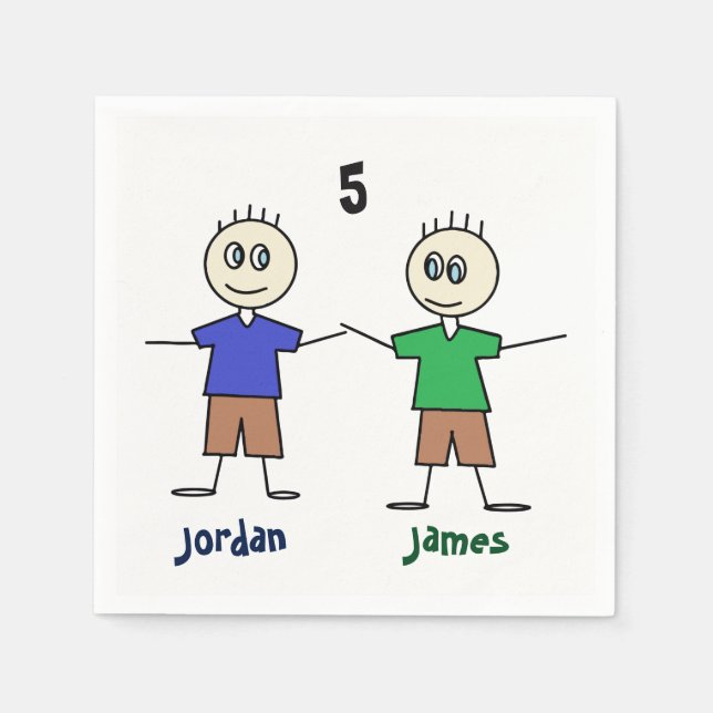 Fun Stick Figure Twin Boys Birthday Party Napkins (Front)
