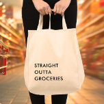 Fun STRAIGHT OUTTA GROCERIES Minimalist Modern Tote Bag<br><div class="desc">The "STRAIGHT OUTTA GROCERIES" tote bag features a minimalist, modern design that incorporates a playful, funny typography quote. The quote, "STRAIGHT OUTTA GROCERIES" is printed in bold, contrasting letters on the front of the bag and the simple, clean lines of the lettering give it a modern, sophisticated edge. The absence...</div>