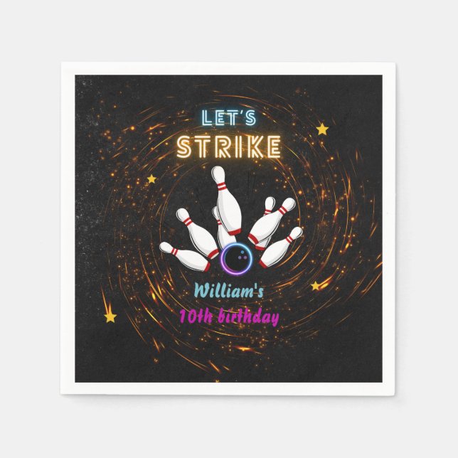 Fun Strike cool blue sports Bowling 10th Birthday Napkins (Front)