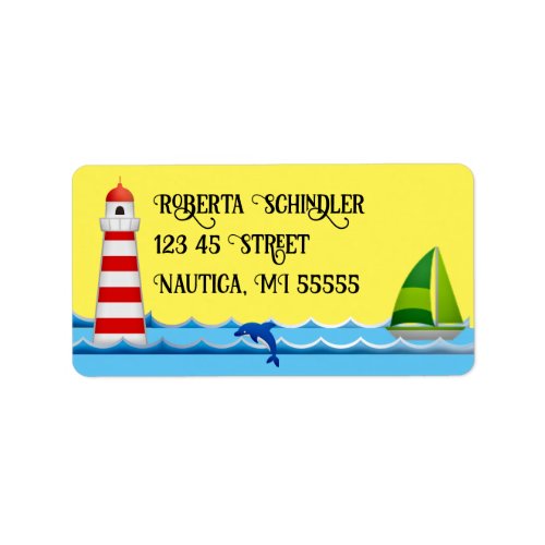 Fun Striped Lighthouse Dolphin and Sailboat Label
