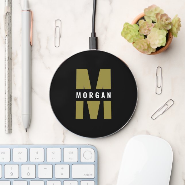 Fun Stylish Monogram Name Initial Black White Gold Wireless Charger (Desk)