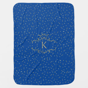 Fun Stylish Royal Blue Gold Crown Monogram Initial Baby Blanket