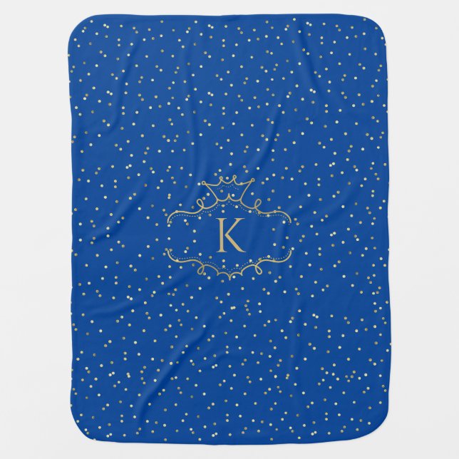 Fun Stylish Royal Blue Gold Crown Monogram Initial Baby Blanket (Front)