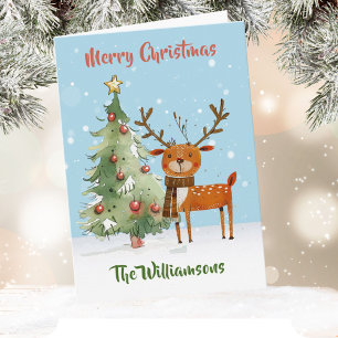 Fun Stylish Watercolor Reindeer Tree Card