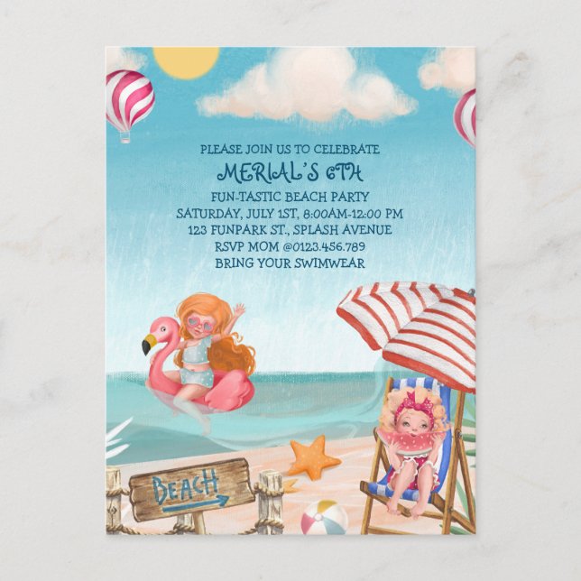 Fun Summer Beach Birthday Party Invitation Postcard (Front)