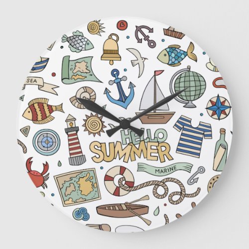 Fun Summer Beach Illustrations Large Clock