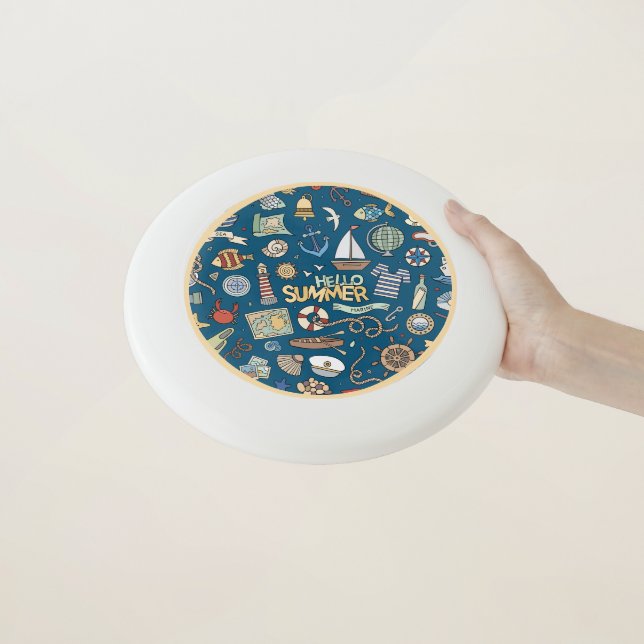 Fun Summer Beach Illustrations on Blue Wham-O Frisbee (In Hand)