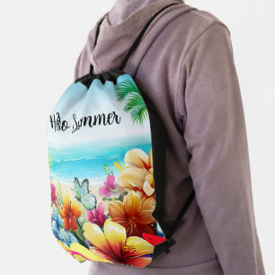 Fun Summer Beach Scene Drawstring Bag