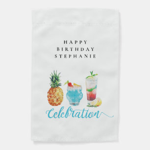 Fun Summer Blue Watercolor Fruit Cocktail Birthday Garden Flag
