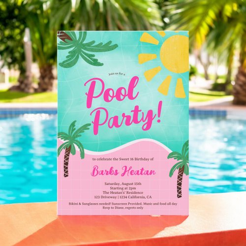 Fun Summer Bright Tropical pool party Sweet 16 Invitation