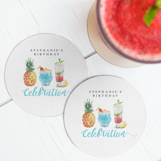 Fun Summer Celebration Cocktail Birthday Party Round Paper Coaster (Creator Uploaded)