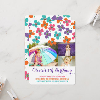 Fun Summer Daisies Pop Chic Girl's Birthday Photo Invitation