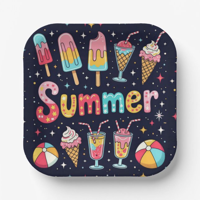 Fun Summer Graphics On Black Paper Plates (Front)
