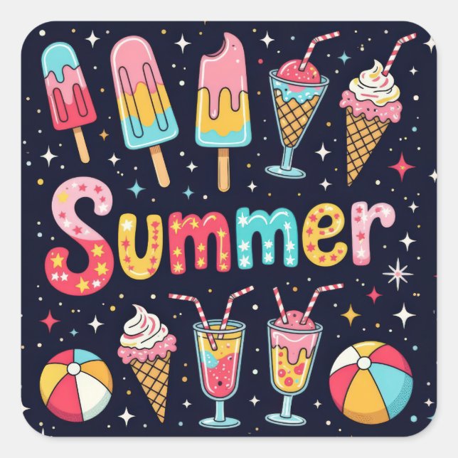 Fun Summer Graphics On Black Square Sticker (Front)