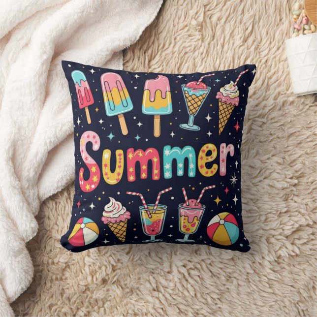 Fun Summer Graphics On Black Throw Pillow (Blanket)